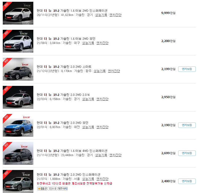 더 뉴 코나(20~23년식) 중고차 가격